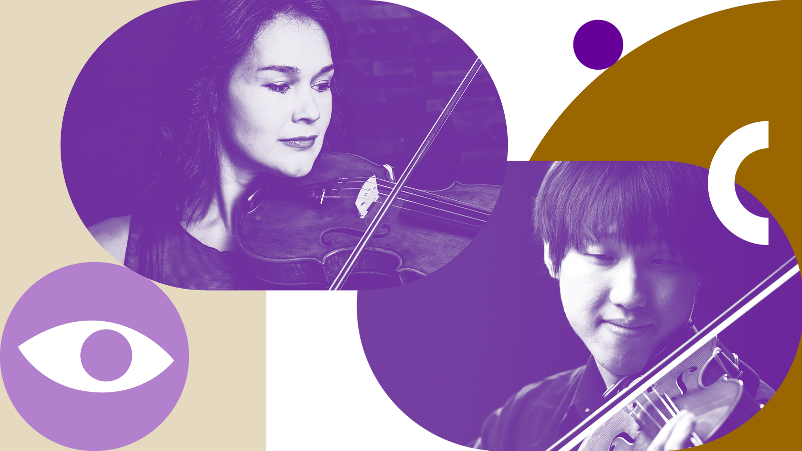 Valentina Resnyanska, eine Geigerin mit dunklen Haaren, Shih-Hsiang (Andy) Chen, ein junger Geiger mit dunklen Haaren, verschiedene Formen in bunten Farben